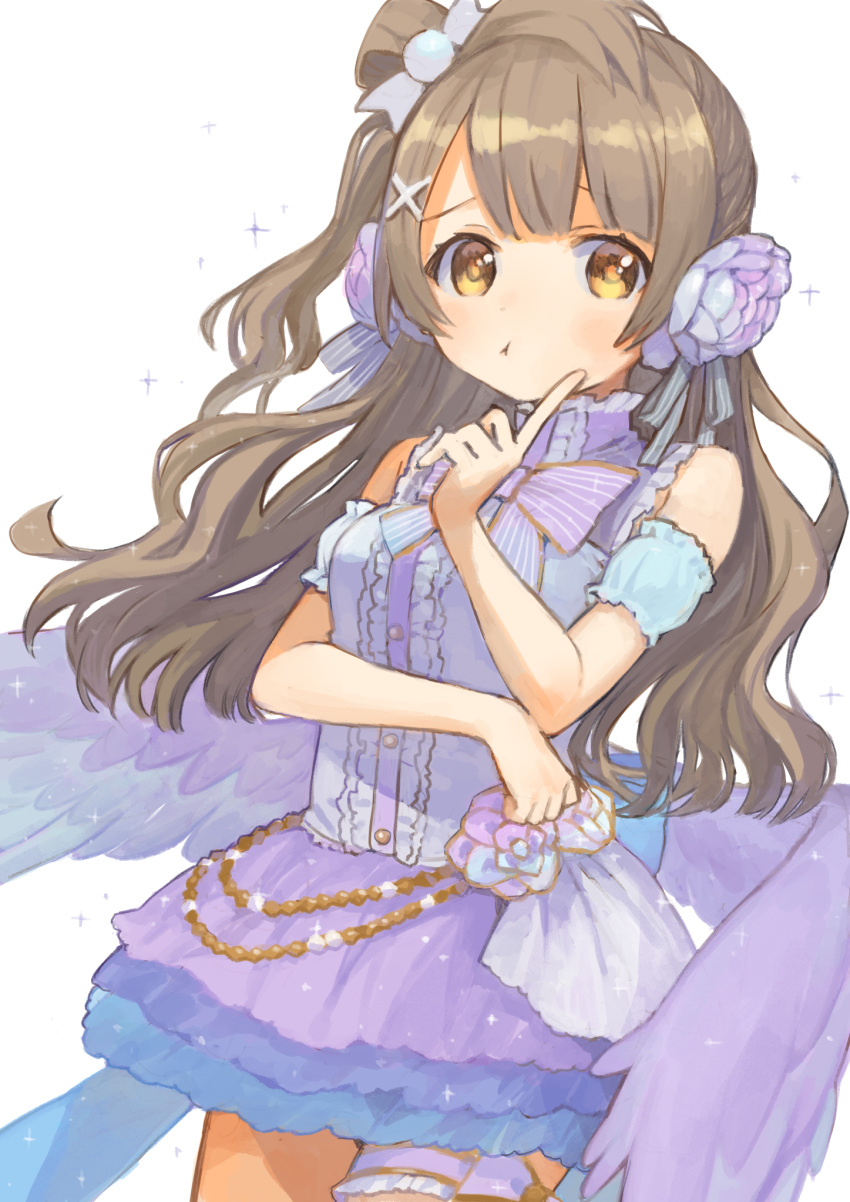 1girl :t bangs bare_shoulders blue_sleeves blush breasts brown_eyes brown_hair center_frills closed_mouth commentary_request detached_sleeves eyebrows_visible_through_hair feathered_wings flower frills hair_flower hair_ornament hand_up highres karamomo long_hair looking_at_viewer love_live! love_live!_school_idol_project low_wings minami_kotori one_side_up pout puffy_short_sleeves puffy_sleeves purple_skirt purple_wings rose shirt short_sleeves simple_background skirt sleeveless sleeveless_shirt small_breasts solo sparkle very_long_hair white_background white_shirt wings x_hair_ornament