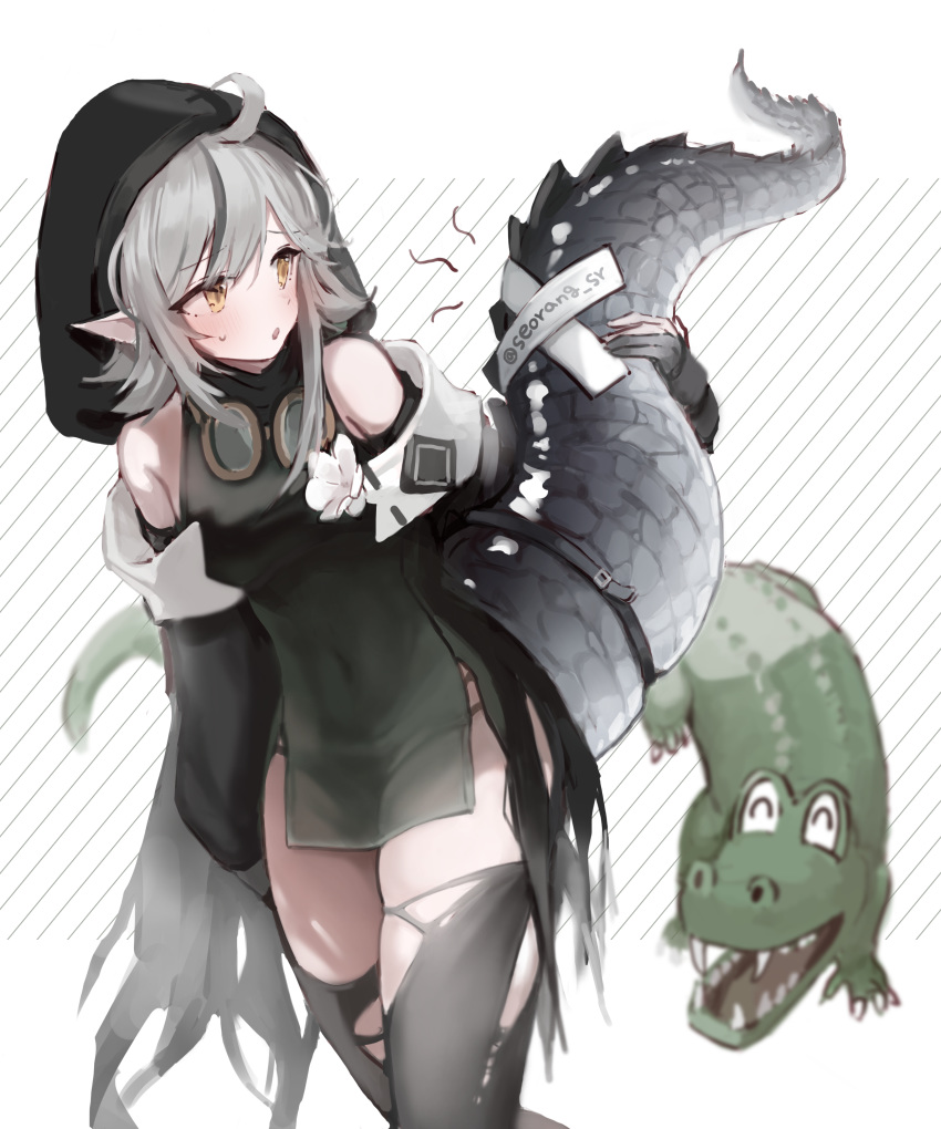 1girl absurdres ahoge arknights bare_shoulders black_dress black_legwear breasts covered_navel crocodile crocodilian crocodilian_tail detached_sleeves dress gloves goggles goggles_around_neck grey_hair highres holding_tail hood large_tail long_sleeves looking_away notice_lines parted_lips partly_fingerless_gloves pelvic_curtain pointy_ears seorang short_hair skindentation small_breasts solo sweatdrop tail thigh-highs thighs tomimi_(arknights) torn_clothes torn_legwear yellow_eyes