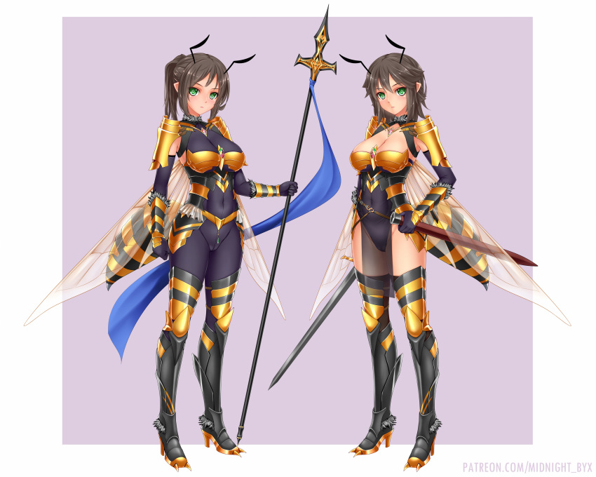 2girls antennae armored_boots bee bee_girl bodysuit boots breasts brown_hair bug commission green_eyes hand_on_hilt high_heel_boots high_heels highleg highres holding holding_sheath holding_sword holding_weapon insect insect_girl insect_wings leotard looking_at_viewer medium_breasts midnight_(banyex) monster_girl multiple_girls original pointy_ears polearm ponytail sheath skin_tight stinger sword weapon wings