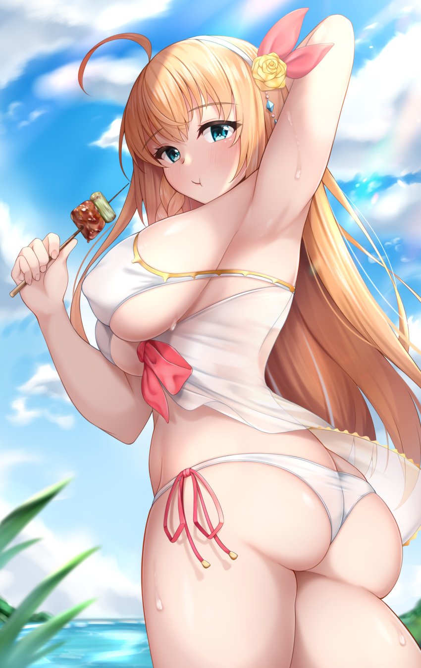 1girl absurdres ahoge aqua_eyes arm_above_head armpits ass bangs bikini blue_sky breasts butt_crack clouds covered_nipples day eating eyebrows_visible_through_hair flower food hair_flower hair_ornament hairband highres holding holding_food large_breasts lomocya long_hair looking_at_viewer looking_to_the_side meat ocean orange_hair outdoors pecorine_(princess_connect!) princess_connect! princess_connect!_re:dive side-tie_bikini sideboob skewer sky standing swimsuit thighs under_boob water wet white_bikini