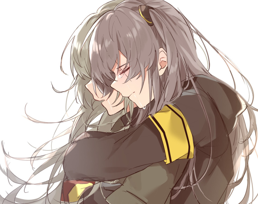 2girls aogisa black_jacket brown_hair camouflage_jacket closed_mouth eyebrows_visible_through_hair girls_frontline hair_ornament highres hug hug_from_behind jacket long_hair multiple_girls profile sad tagme tears ump40_(girls_frontline) ump45_(girls_frontline) white_background