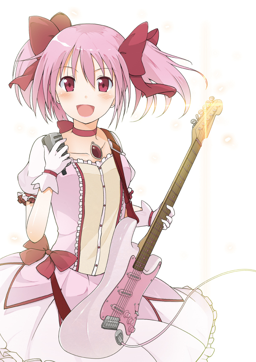 1girl bow bubble_skirt choker commentary_request electric_guitar gloves guitar hair_bow highres holding holding_instrument instrument kaname_madoka magical_girl mahou_shoujo_madoka_magica mizucchi open_mouth pink_hair red_bow red_choker red_eyes skirt smile solo soul_gem twintails white_gloves