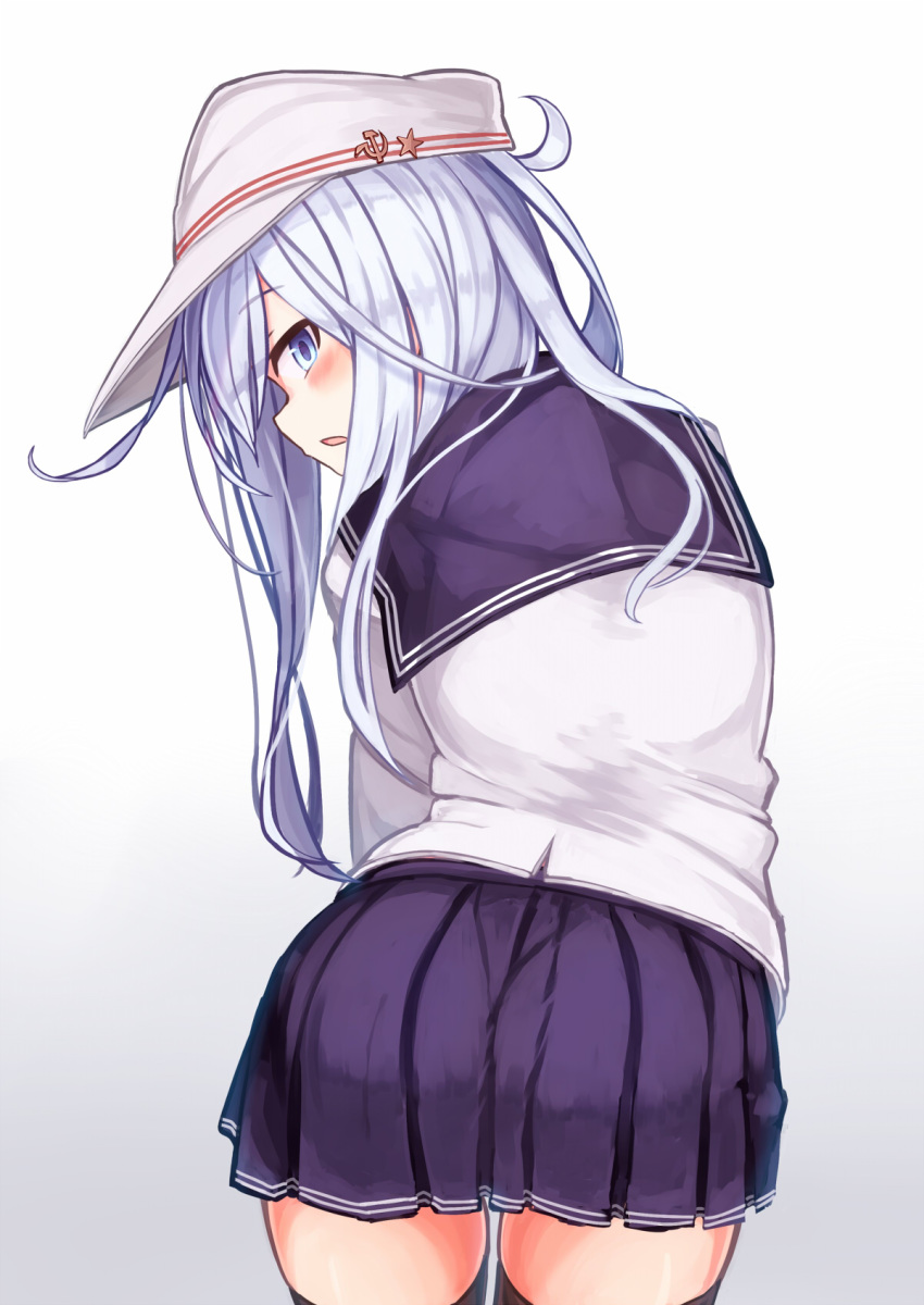 1girl black_legwear black_skirt blue_eyes blush cowboy_shot gradient gradient_background hair_between_eyes hammer_and_sickle hat hibiki_(kantai_collection) highres kantai_collection long_hair long_sleeves looking_at_viewer looking_back open_mouth pleated_skirt reitou_mikan sailor_collar sailor_shirt shirt silver_hair skirt solo thigh-highs verniy_(kantai_collection) white_headwear white_shirt