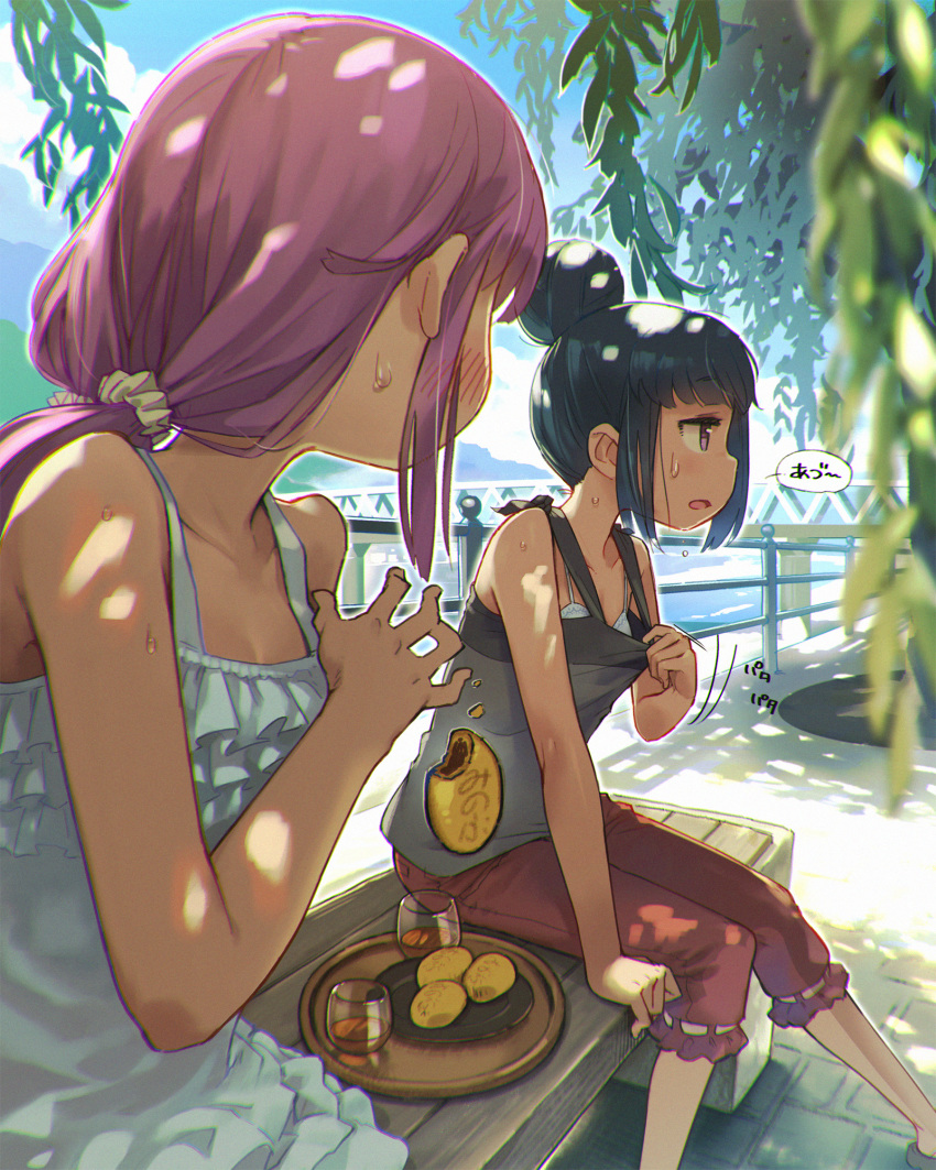 2girls bare_arms bare_shoulders bench blue_sky bra casual commentary_request cookie cup dark_blue_hair drinking_glass food hair_bun highres kagamihara_nadeshiko leaf minawa multiple_girls pants pink_hair plant plate shade shima_rin short_hair_with_long_locks sitting sky summer sweat tank_top translation_request tray underwear violet_eyes yurucamp