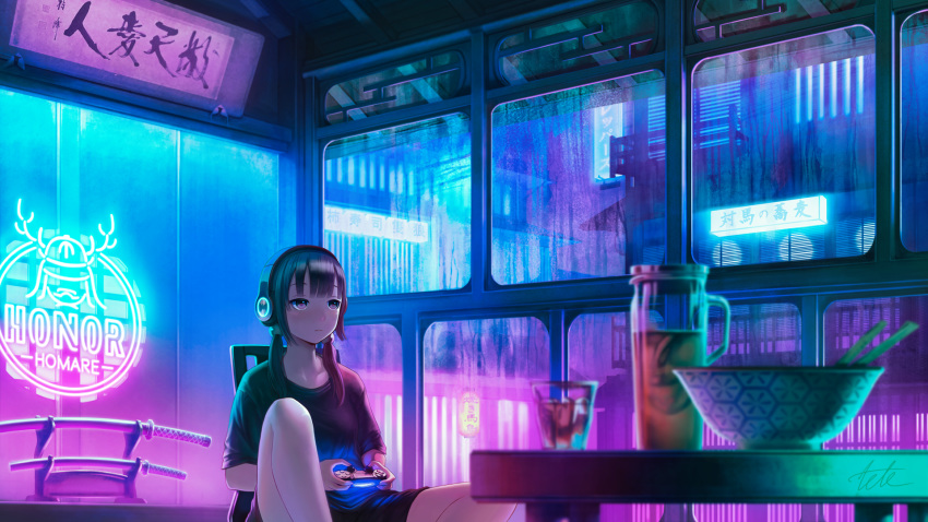 1girl bangs black_hair black_shirt blurry blurry_foreground bowl brown_eyes building chair commentary controller cup depth_of_field drinking_glass english_commentary eyebrows_visible_through_hair game_controller headphones highres holding indoors katana knee_up long_hair low_twintails neon_lights on_chair original rain sheath sheathed shirt sitting solo sword table translation_request twintails weapon window yoka1chi