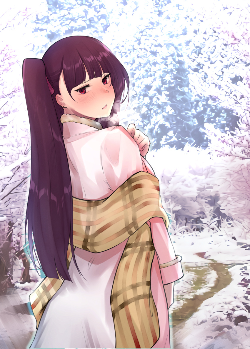 1girl absurdres back blush cherry_blossoms coat cold eyebrows_visible_through_hair girls_frontline hair_ribbon hand_up highres long_hair looking_at_viewer open_mouth pink_coat purple_hair red_eyes ribbon scarf solo standing stigmamyu wa2000_(girls_frontline) winter winter_clothes
