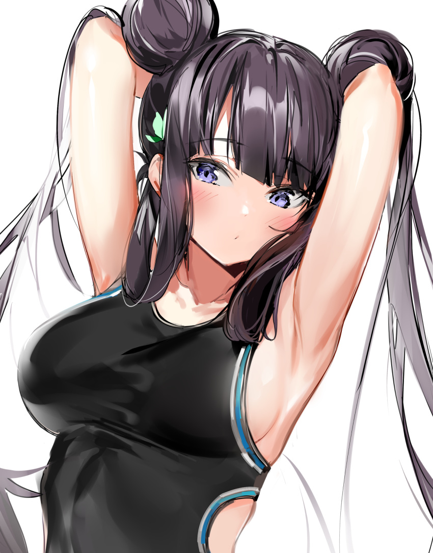1girl absurdres armpits arms_behind_head arms_up bangs bare_shoulders black_swimsuit blue_eyes blush breasts double_bun fate/grand_order fate_(series) hair_ornament highres large_breasts leaf_hair_ornament long_hair looking_at_viewer one-piece_swimsuit purple_hair revision sidelocks silver_(chenwen) simple_background swimsuit twintails very_long_hair white_background yang_guifei_(fate/grand_order)
