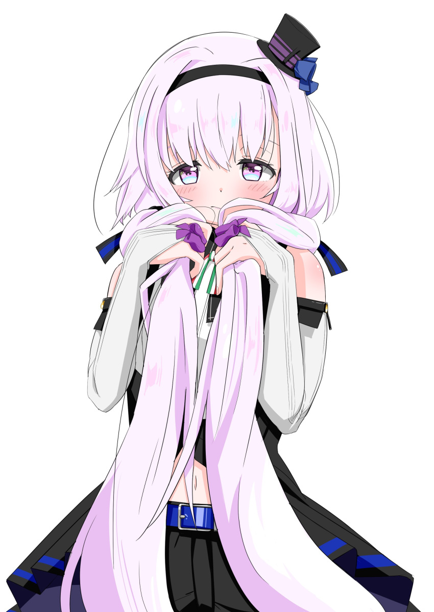 .live 1girl absurdres alternate_costume belt blush carro_pino detached_sleeves hair_grab hair_ornament headband highres looking_at_viewer low_twintails navel purple_hair simple_background solo twintails violet_eyes virtual_youtuber white_background