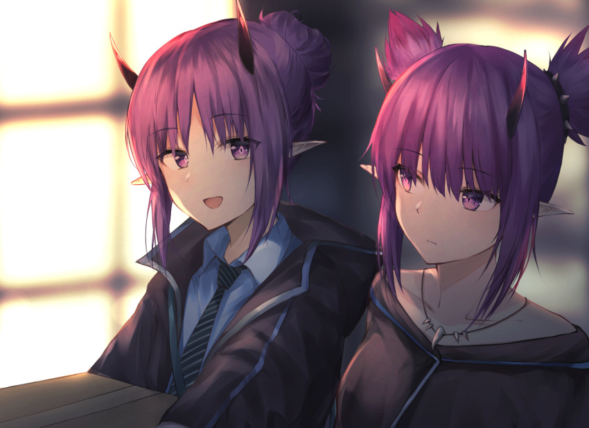 2girls :d arknights bangs black_jacket blue_shirt blurry blurry_background collarbone commentary_request eyebrows_visible_through_hair hair_bun hibiscus_(arknights) highres horns indoors jacket jewelry kiyakyuu lava_(arknights) looking_at_viewer multiple_girls necklace necktie open_mouth pointy_ears pointy_hair purple_hair shirt short_hair siblings sidelocks sisters smile striped striped_neckwear upper_body violet_eyes