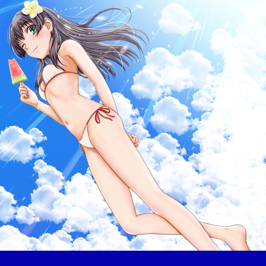 1girl ;) arm_behind_back barefoot bikini black_hair blue_sky breasts closed_mouth clouds day dutch_angle floating_hair flower food from_below green_eyes h.i.t_(59-18-45) hair_flower hair_ornament highres holding holding_food long_hair looking_at_viewer one_eye_closed outdoors popsicle red_ribbon ribbon saten_ruiko shiny shiny_hair side-tie_bikini sky small_breasts smile solo sunlight swimsuit to_aru_kagaku_no_railgun to_aru_majutsu_no_index very_long_hair walking watermelon_bar white_bikini white_flower