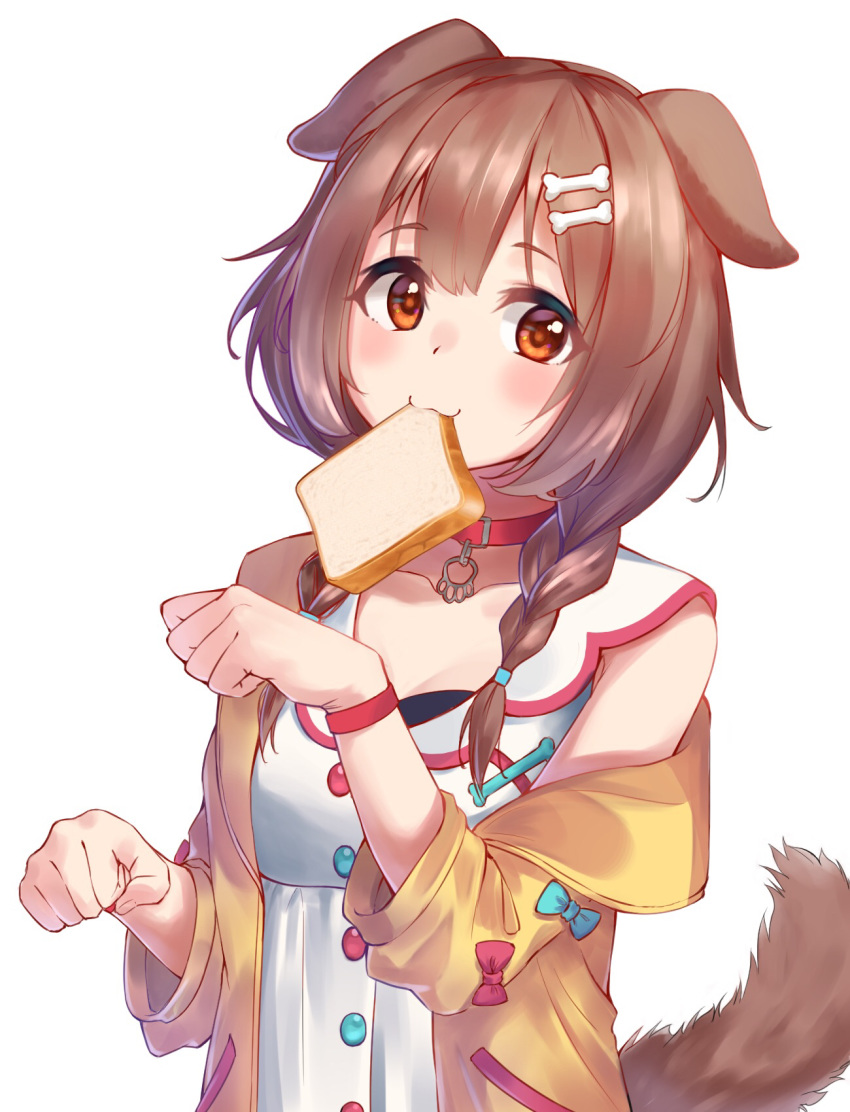 1girl :3 animal_ears bangs blue_bow blush bone_hair_ornament bow bracelet braid brown_eyes brown_hair buttons cartoon_bone choker collar cowboy_shot dog_collar dog_ears dog_girl dog_tail dress eyebrows_visible_through_hair food food_in_mouth hair_between_eyes hair_ornament hairclip highres hololive inugami_korone jacket jewelry kurumi_tsuchi long_hair looking_at_viewer low_twin_braids low_twintails mouth_hold off-shoulder_jacket paw_pose raised_eyebrows red_bow red_choker red_collar simple_background solo tail toast toast_in_mouth twin_braids twintails virtual_youtuber white_background white_dress wristband yellow_jacket