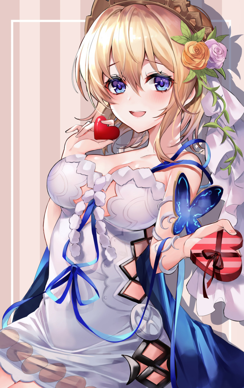 1girl 40_(0f0urw) :d absurdres bangs blonde_hair blue_cape blue_eyes blue_ribbon blush box breasts cape chocolate chocolate_on_breasts chocolate_on_face chocolate_on_fingers commentary_request dress europa_(granblue_fantasy) eyebrows_visible_through_hair flower food food_on_face gift gift_box granblue_fantasy hair_between_eyes hair_flower hair_ornament heart heart-shaped_box highres holding holding_gift holding_heart looking_at_viewer medium_breasts medium_hair open_mouth orange_flower orange_rose pink_flower pink_rose ribbon rose sitting smile solo tiara white_dress