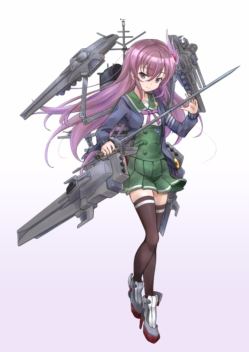 1girl adapted_costume brown_hair brown_legwear crescent crescent_moon_pin full_body green_sailor_collar green_skirt hair_ornament highres kantai_collection kisaragi_(kantai_collection) long_hair looking_at_viewer machinery minosu neck_ribbon original_remodel_(kantai_collection) pink_neckwear remodel_(kantai_collection) ribbon sailor_collar school_uniform serafuku simple_background skirt solo sword thigh-highs torpedo_launcher violet_eyes weapon white_background