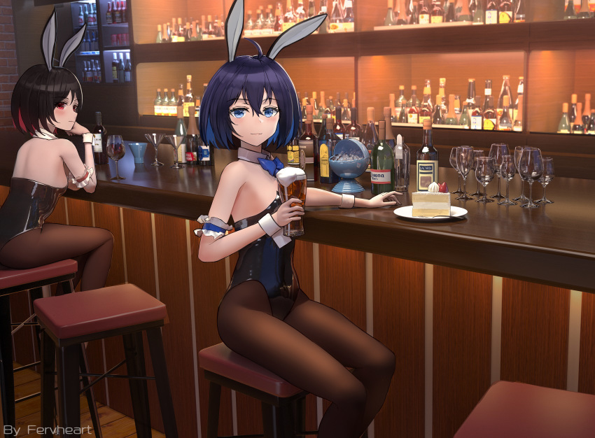 2girls alcohol animal_ears armband beer black_hair black_legwear black_leotard blue_eyes blue_hair blue_neckwear bottle bow bowtie bunny_girl bunny_tail bunnysuit cake chinese_commentary commentary_request counter cup detached_collar drinking_glass fake_animal_ears fervheart food glass highres honkai_(series) honkai_impact_3rd leotard multicolored_hair multiple_girls pantyhose rabbit_ears red_eyes redhead seele_(alter_ego) seele_vollerei shiny shiny_clothes sitting solo_focus stool strapless strapless_leotard tail two-tone_hair wine wine_glass wrist_cuffs