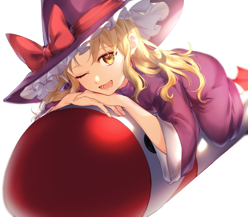 1girl bangs blonde_hair blurry bow chin_rest dress foreshortening hat hat_bow highres jill_07km kirisame_marisa kirisame_marisa_(pc-98) long_hair long_sleeves looking_at_viewer lying mimi-chan on_stomach one_eye_closed open_mouth own_hands_together phantasmagoria_of_dim.dream purple_dress purple_headwear red_bow sidelocks solo symbol_commentary touhou touhou_(pc-98) yellow_eyes