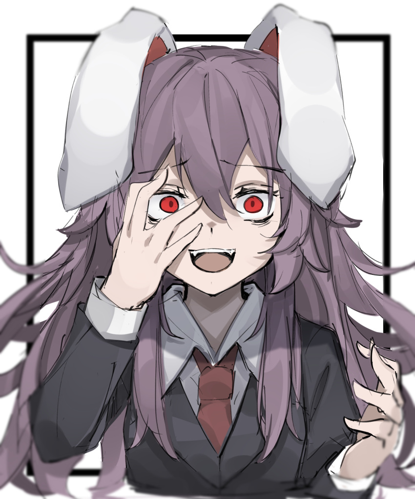 1girl animal_ears black_border black_jacket blazer border collared_shirt covering_one_eye crazy_eyes eyebrows_visible_through_hair fangs fangs_out hair_between_eyes hands_up highres hisha_(kan_moko) jacket light_purple_hair long_hair long_sleeves looking_at_viewer necktie open_mouth rabbit_ears red_eyes red_neckwear reisen_udongein_inaba shirt simple_background smile solo touhou upper_body white_background white_shirt