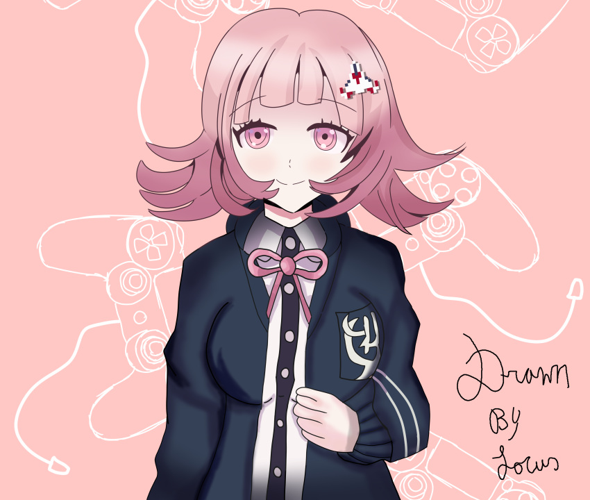 absurdres blazer dangan_ronpa hair_ornament hairclip highres hood hoodie jacket locusludens nanami_chiaki pink_hair school_uniform super_dangan_ronpa_2