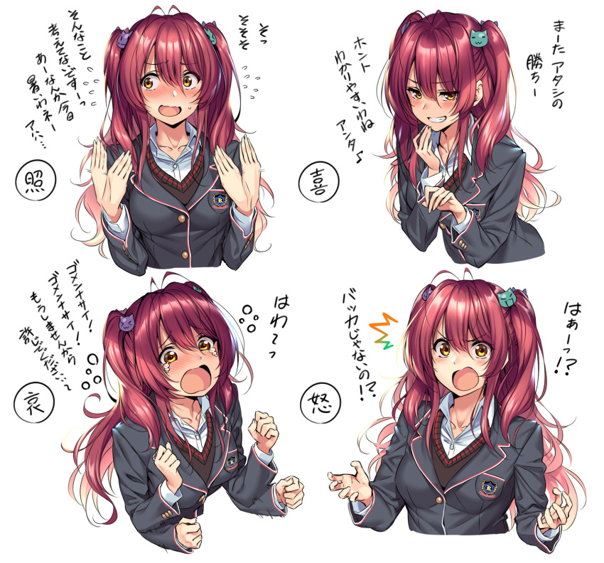 1girl blush breasts cat_hair_ornament expression_chart expressions fanning_self hair_ornament hanikami_kanojo highres long_hair medium_breasts multiple_views original partially_translated piromizu redhead school_uniform simple_background smile smug surprised sweat tearing_up translation_request twintails white_background