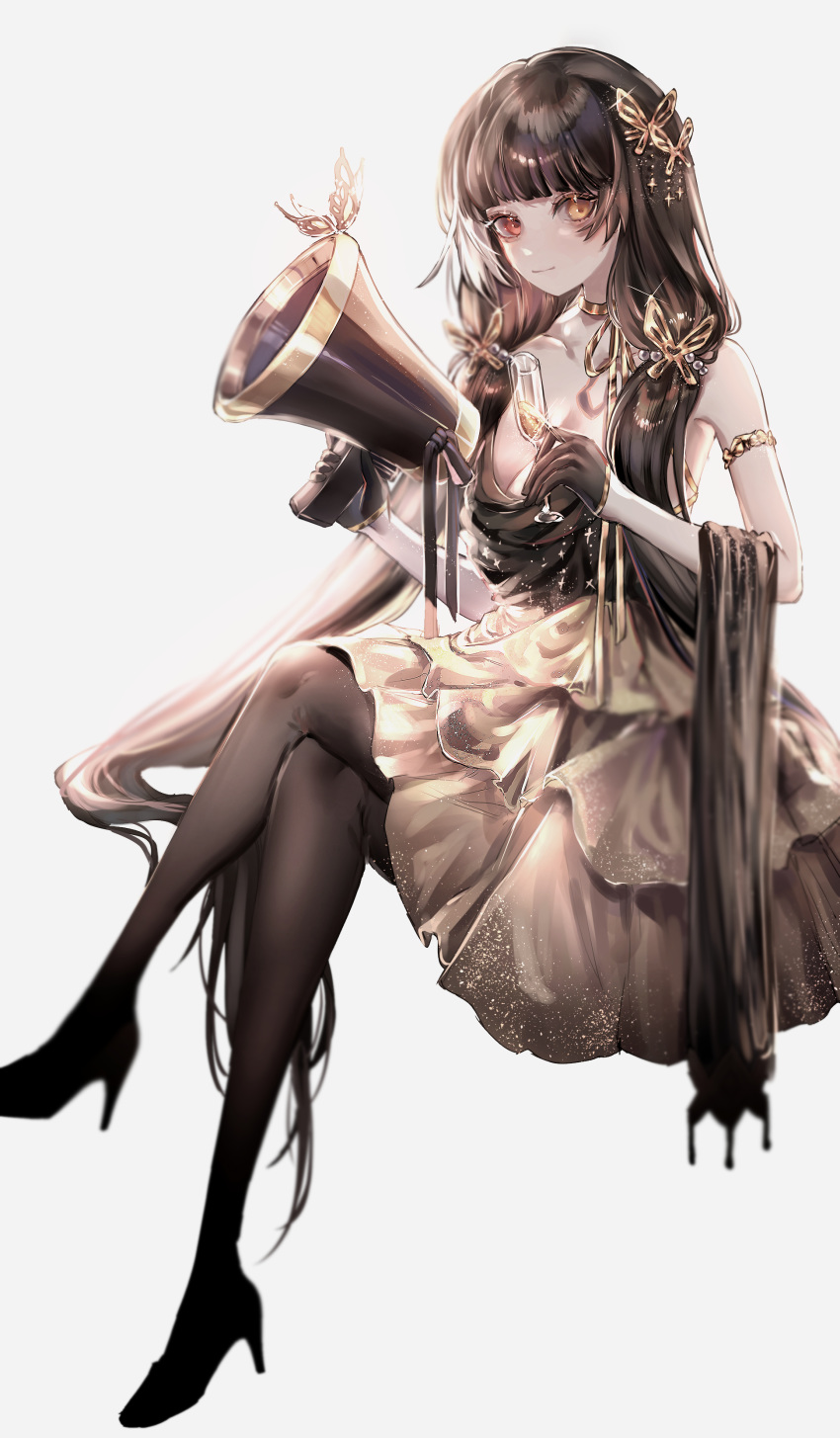 1girl absurdres black_gloves black_hair black_legwear breasts closed_mouth crossed_legs cup dress drinking_glass girls_frontline gloves heterochromia high_heels highres hobby_(jessica5567) long_hair looking_at_viewer megaphone pantyhose red_eyes ro635_(girls_frontline) simple_background sitting white_background wine_glass yellow_eyes