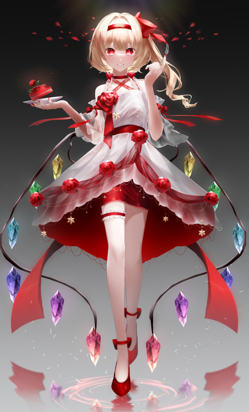 1girl absurdres ankle_lace-up arm_at_side bare_shoulders bat_wings black_background blonde_hair breasts cake cake_slice criss-cross_halter cross-laced_footwear crystal dress fangs fingernails flandre_scarlet flower food fork full_body grin hair_ribbon halter_dress halterneck hand_up highres holding holding_fork light_purple_hair long_fingernails looking_at_viewer nail_polish off-shoulder_dress off_shoulder one_side_up open_mouth red_dress red_eyes red_flower red_footwear red_nails red_ribbon red_rose ribbon ripples rose sash see-through shoes short_hair_with_long_locks silver_hair sleeves_past_elbows slit_pupils smile solo star_(symbol) touhou two-sided_fabric two-sided_skirt two-tone_dress white_dress wings yukia_(yukia_777)
