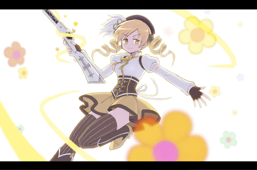 1girl blonde_hair blush boots breasts brown_footwear brown_gloves brown_headwear commentary_request corset detached_sleeves drill_hair fingerless_gloves gloves gun highres holding holding_weapon knee_up letterboxed magical_girl mahou_shoujo_madoka_magica medium_breasts ryunosuke1973 short_sleeves shotgun skirt smile solo striped striped_legwear thigh-highs tomoe_mami twin_drills vertical-striped_legwear vertical_stripes weapon yellow_eyes yellow_skirt