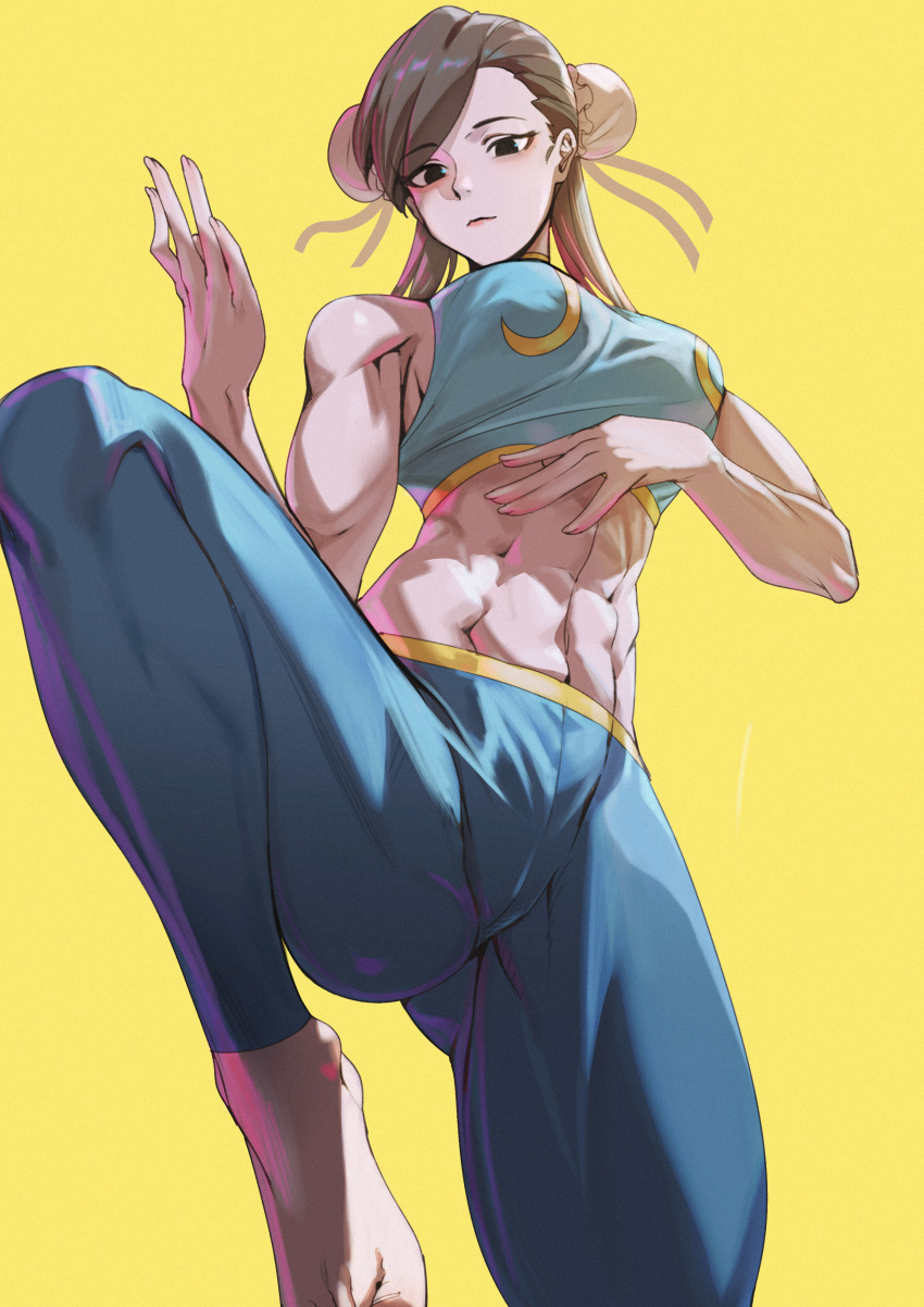 1girl abs absurdres barefoot black_eyes breasts brown_hair chun-li highres jin_rou leg_up looking_down medium_breasts muscle muscular_female solo street_fighter yellow_background