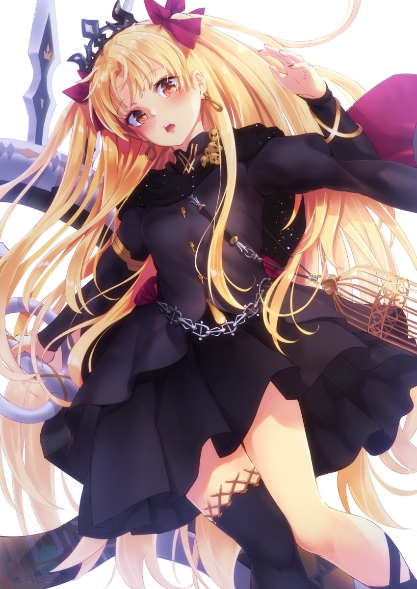 1girl asymmetrical_legwear black_legwear black_skirt blonde_hair blush bow brown_eyes diadem earrings ereshkigal_(fate/grand_order) floating_hair funyariko hair_bow hair_intakes highres jewelry long_hair long_sleeves looking_at_viewer miniskirt open_mouth pleated_skirt red_bow single_thighhigh skirt solo thigh-highs very_long_hair