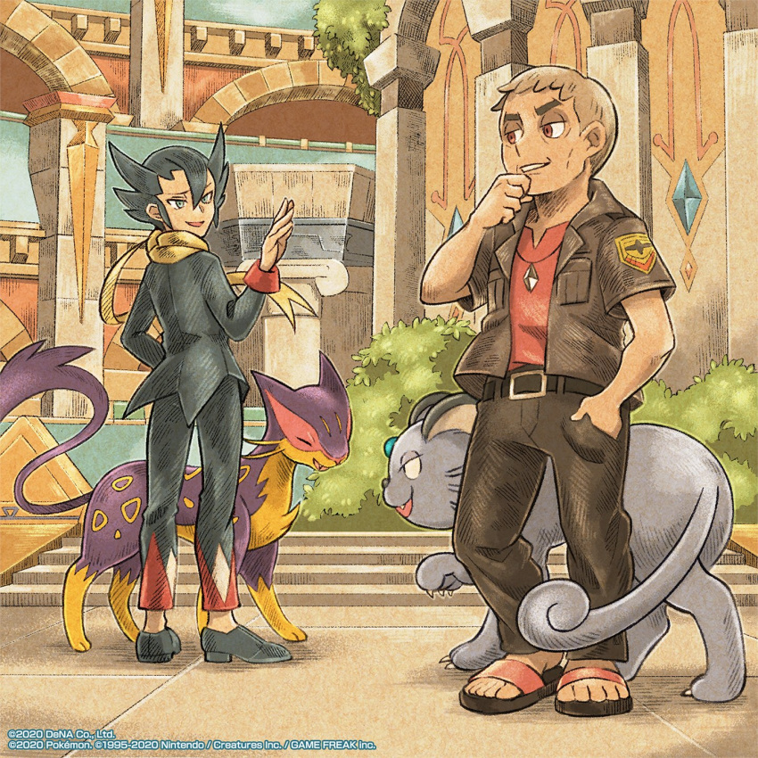 2boys alolan_form alolan_persian artist_request bangs belt black_belt black_footwear black_hair brown_eyes bush commentary dated english_commentary eye_contact gen_5_pokemon gen_7_pokemon grey_eyes grey_hair grimsley_(pokemon) hair_between_eyes hand_in_pocket hand_up highres jacket jewelry liepard long_sleeves looking_at_another multiple_boys nanu_(pokemon) necklace official_art open_mouth outdoors pants parted_lips pokemon pokemon_(creature) pokemon_(game) pokemon_bw pokemon_masters_ex pokemon_sm red_shirt sandals scarf shirt shoes short_sleeves standing teeth toes watermark yellow_scarf