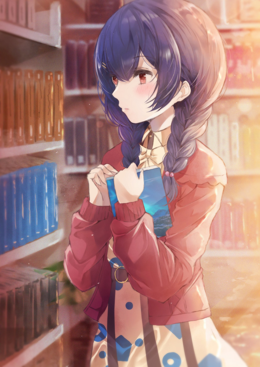 1girl bangs belt blue_eyes blush book bookshelf braid dress expressionless eyebrows_visible_through_hair hair_ornament hair_tie hairclip highres holding holding_book idolmaster idolmaster_shiny_colors looking_afar medium_hair morino_rinze namamake necktie patterned patterned_clothing red_eyes red_sweater shiny shiny_hair sidelocks solo sweater twin_braids upper_body white_dress