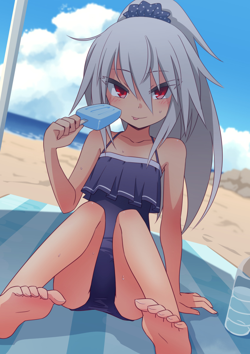 1girl absurdres barefoot beach blurry blurry_background commentary day elena_trafalgar eyebrows_visible_through_hair eyes_visible_through_hair feet food frilled_swimsuit frills highres ikune_juugo long_hair looking_at_viewer ocean one-piece_swimsuit original outdoors ponytail popsicle red_eyes scrunchie silver_hair sitting solo sweat swimsuit toes