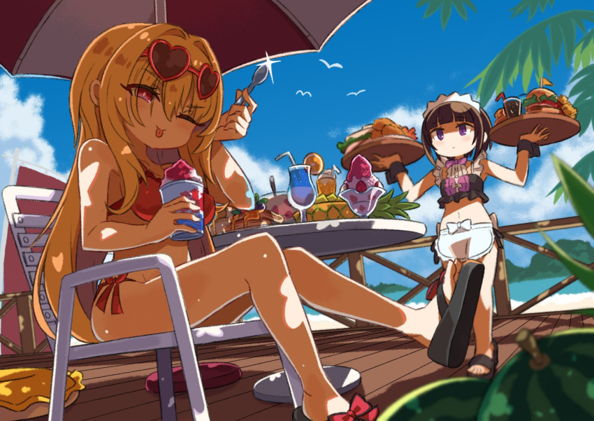 2girls alternate_costume apron bangs beach bikini black_footwear black_hair blonde_hair blunt_bangs bob_cut enmaided food hair_between_eyes hair_intakes heart heart-shaped_eyewear holding holding_tray idolmaster idolmaster_cinderella_girls kurosaki_chitose long_hair maid maid_bikini maid_headdress midriff multiple_girls one_eye_closed outdoors palm_tree red-framed_eyewear red_bikini sandals shaved_ice shirayuki_chiyo short_hair sitting swimsuit taru_haru tongue tongue_out tray tree umbrella violet_eyes waist_apron white_apron wrist_cuffs