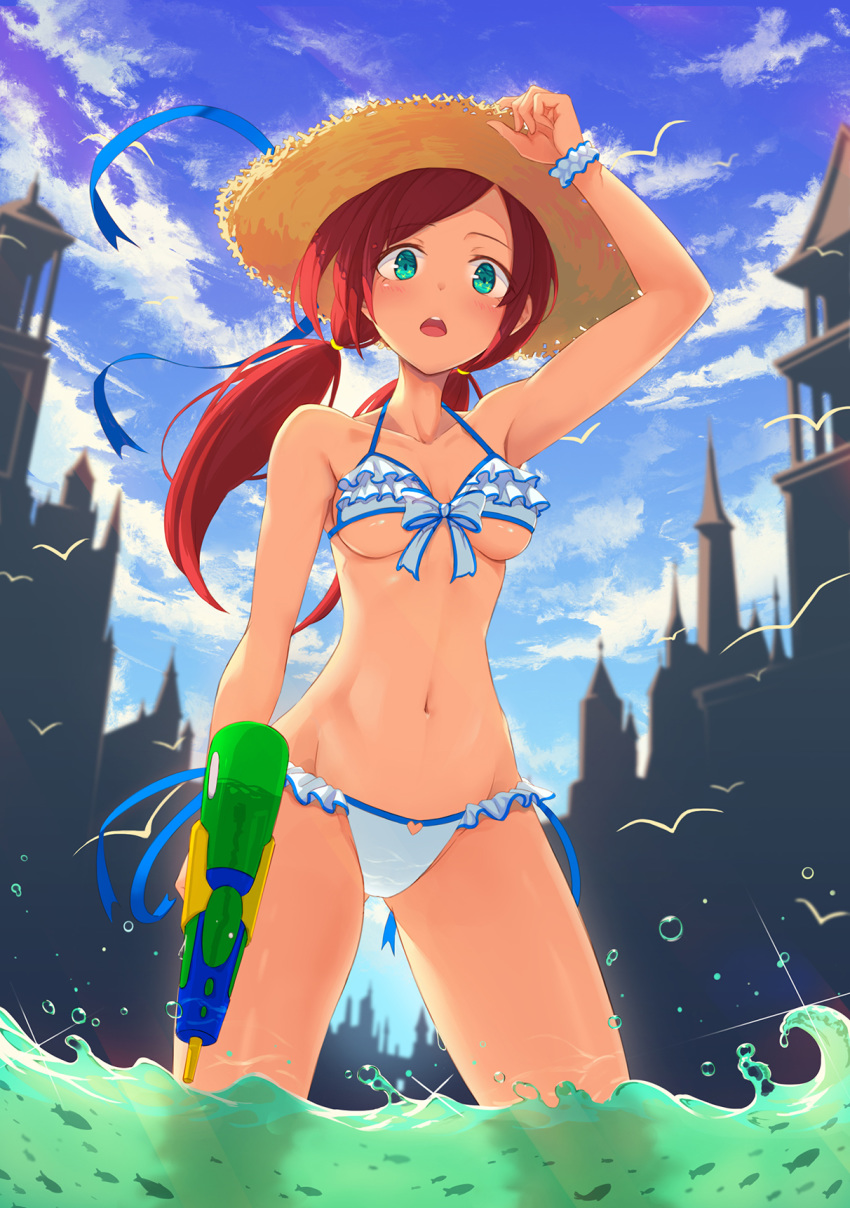 1girl arm_up armpits bikini blue_sky breasts day green_eyes hat heartsix highres long_hair looking_at_viewer medium_breasts navel ocean original redhead sky solo summer swimsuit water water_gun white_bikini