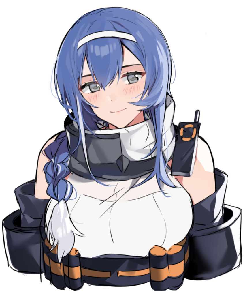 1girl aogisa blue_hair blush braid breasts closed_mouth dp-12_(girls_frontline) eyebrows_visible_through_hair girls_frontline grey_eyes hairband highres hood hood_down large_breasts long_hair looking_at_viewer radio smile solo sweater white_background white_sweater