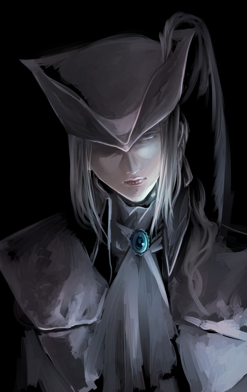 1girl bloodborne cape gem hat hat_feather head_tilt highres itsuki_(itsukiovo) lady_maria_of_the_astral_clocktower looking_at_viewer ponytail the_old_hunters tricorne white_eyes white_hair