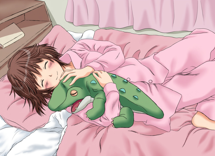 1girl amagami bed blush brown_hair closed_eyes keisuke_(0320030103200301) long_sleeves object_hug pajamas pillow pink_pajamas sakurai_rihoko short_hair smile solo stuffed_animal stuffed_crocodile stuffed_toy