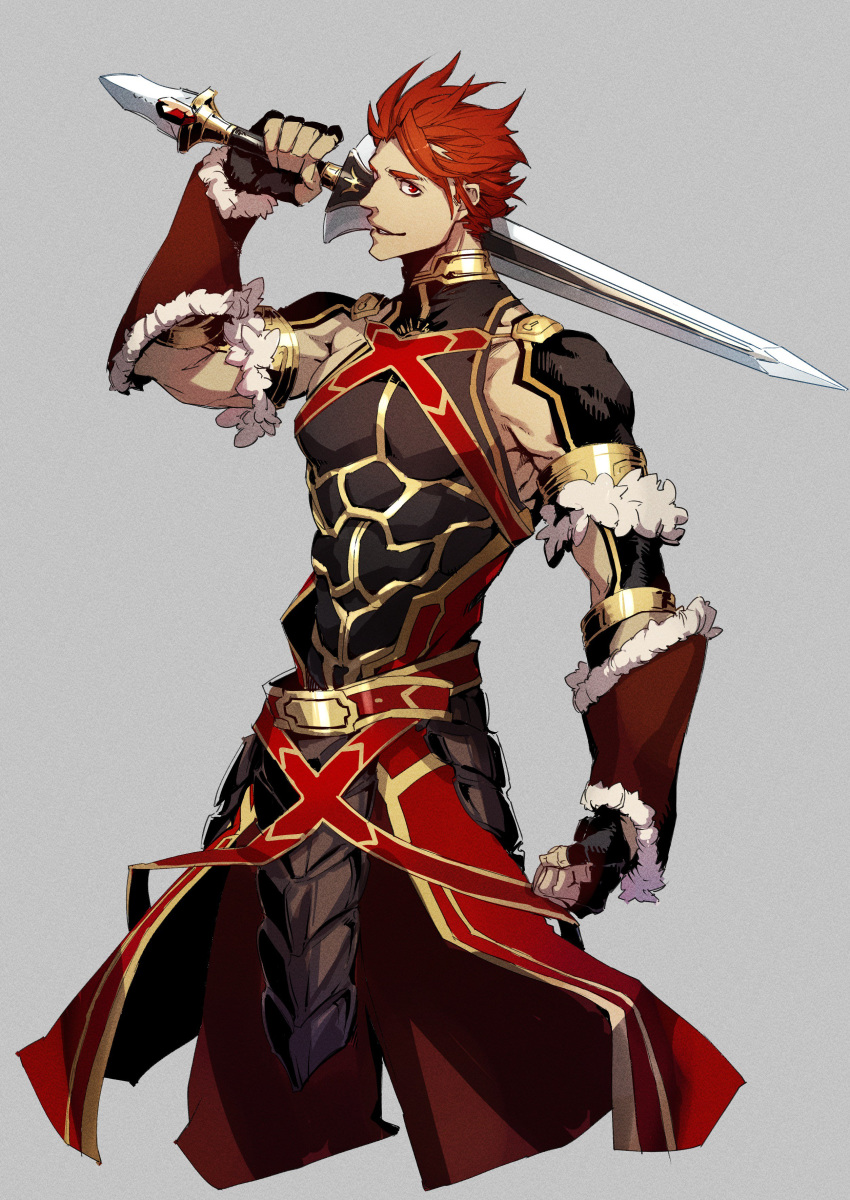1boy absurdres alexander_(fate) arm_up armor bangs black_gloves bracer commentary_request cowboy_shot cropped_legs fate/grand_order fate_(series) faulds fingerless_gloves gloves grey_background highres holding holding_sword holding_weapon looking_at_viewer male_focus ogata_tomio over_shoulder red_eyes redhead short_hair simple_background smile solo standing sword weapon