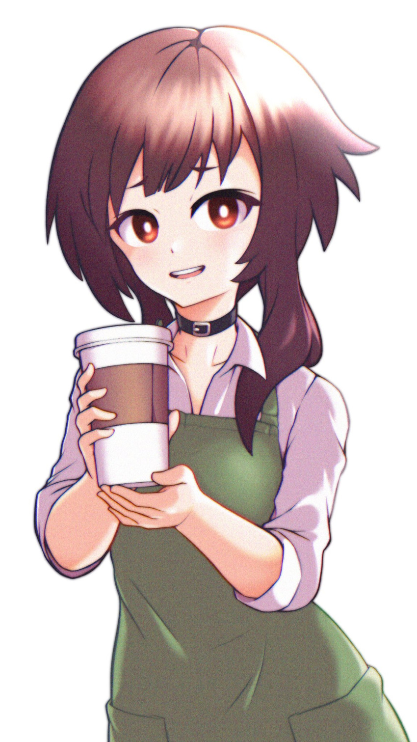 1girl alternate_costume apron barista bright_pupils coffee coffee_cup collared_shirt contemporary cup disposable_cup green_apron highres holding holding_cup kono_subarashii_sekai_ni_shukufuku_wo! looking_at_viewer megumin no_hat no_headwear red_eyes shirt short_hair short_hair_with_long_locks simple_background solo starbucks upper_body upper_teeth wannabepyx white_background white_pupils white_shirt