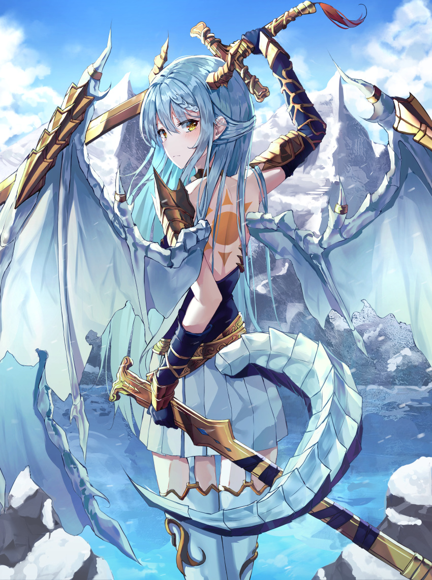 1girl absurdres armor back_cutout bangs bare_shoulders blue_gloves blue_hair body_markings braid braided_bangs closed_mouth clouds commentary dragon dragon_girl dragon_horns dragon_tail dragon_wings eastern_dragon elbow_gloves eyebrows_visible_through_hair facing_away garter_straps gloves hair_between_eyes highres holding holding_weapon horns huge_filesize kerno long_hair looking_at_viewer mountain original pleated_skirt sheath shoulder_armor skirt sky solo sun_(symbol) sword tail thigh-highs weapon wing_armor wings yellow_eyes