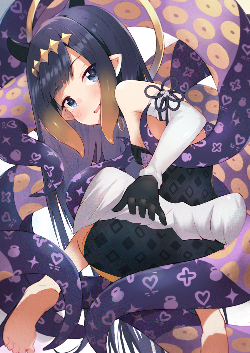 1girl absurdres black_hair blue_eyes blurry blurry_background breasts commentary_request gloves hair_ornament highres hololive hololive_english huge_filesize kobi_(piliheros2000) long_hair looking_at_viewer ninomae_ina'nis open_mouth pointy_ears simple_background small_breasts solo tentacles virtual_youtuber