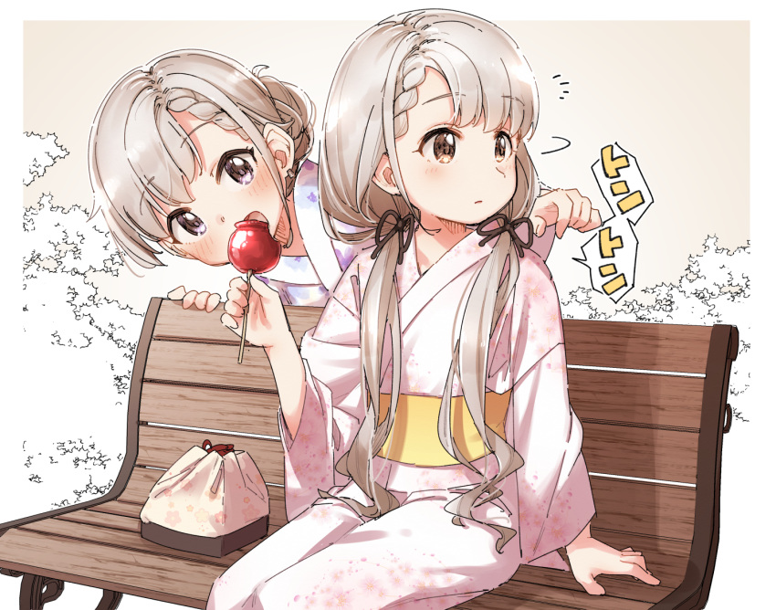 2girls :d bangs bench black_ribbon blush braid braided_bangs brown_eyes candy_apple eyebrows_visible_through_hair floral_print food grey_hair hair_ribbon hisakawa_hayate hisakawa_nagi holding holding_food idolmaster idolmaster_cinderella_girls japanese_clothes kimono leaning_forward long_hair long_sleeves low_twintails multiple_girls obi on_bench open_mouth park_bench parted_lips print_kimono ribbon sash siblings sisters sitting smile standing tapping_shoulder twins twintails very_long_hair violet_eyes white_kimono wide_sleeves yukie_(kusaka_shi)