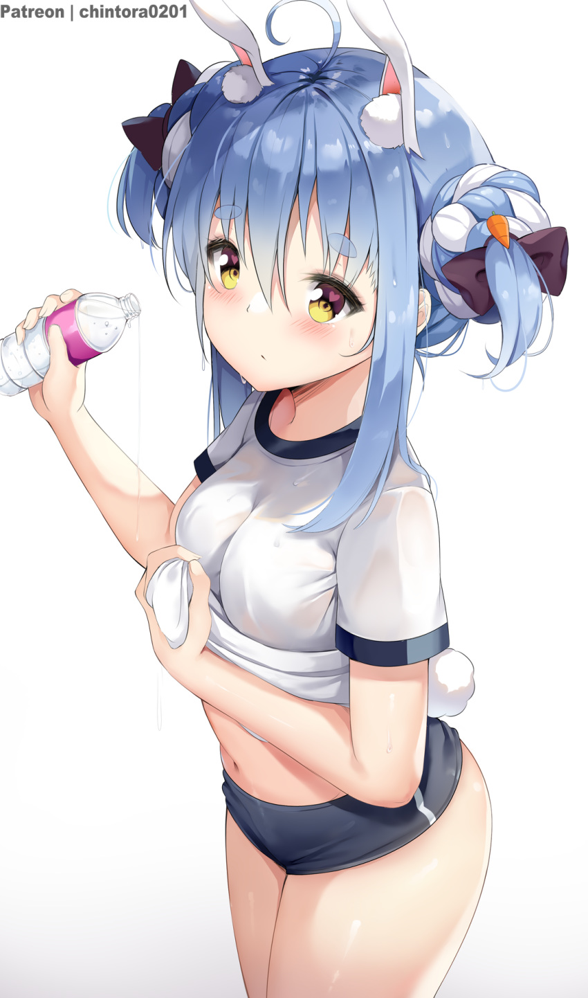 1girl animal_ears artist_name bangs black_bow blue_hair blush bottle bow breasts bunny_tail buruma chintora0201 closed_mouth commentary cowboy_shot double_bun gradient gradient_background grey_background gym_shirt gym_uniform hair_between_eyes hair_ornament hands_up highres holding holding_bottle hololive lifted_by_self looking_at_viewer navel open_mouth pekora_(jashin-chan_dropkick) rabbit_ears shirt shirt_lift short_sleeves sidelocks smile solo spilling sweat tail thick_eyebrows virtual_youtuber water_bottle white_background white_shirt yellow_eyes