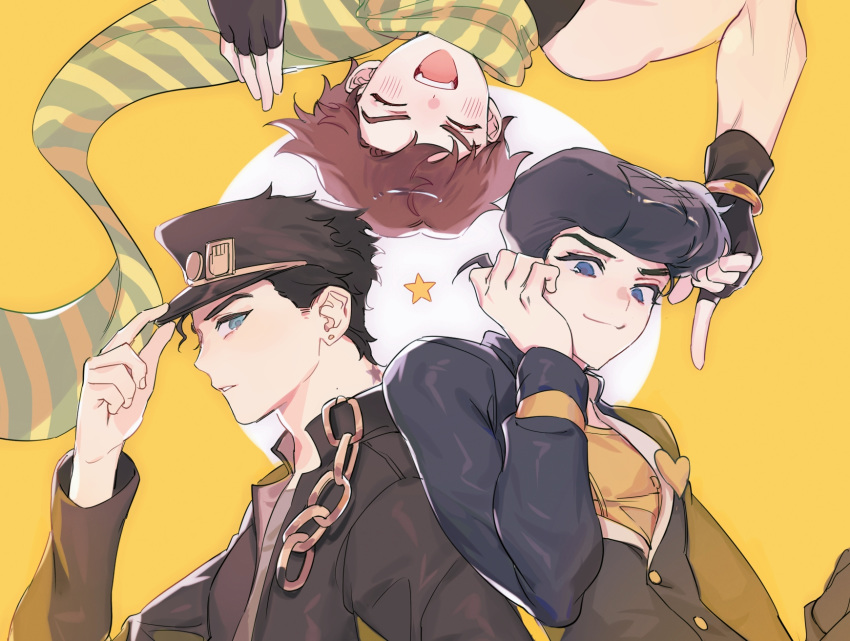 3boys battle_tendency black_gloves black_hair black_headwear blue_eyes brown_hair closed_eyes closed_mouth diamond_wa_kudakenai fingerless_gloves gloves higashikata_jousuke highres jojo_no_kimyou_na_bouken joseph_joestar_(young) kuujou_joutarou looking_at_viewer male_focus multiple_boys ningzzz open_mouth parted_lips pompadour scarf school_uniform smile stardust_crusaders upside-down