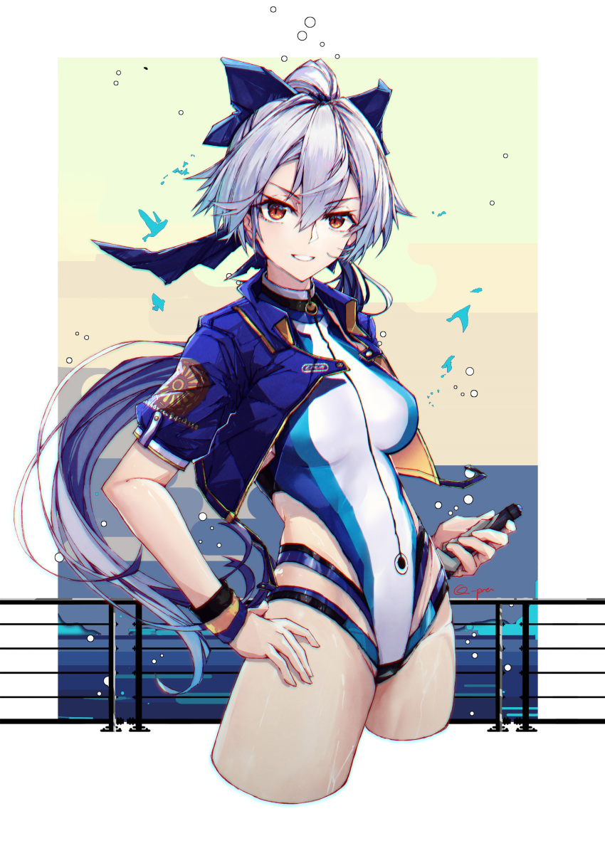 1girl absurdres bangs blue_bow blue_jacket blue_swimsuit bow breasts fate/grand_order fate_(series) hair_between_eyes hair_bow highleg highleg_swimsuit highres jacket large_breasts long_hair looking_at_viewer one-piece_swimsuit ponytail q-pra red_eyes short_sleeves silver_hair swimsuit thighs tomoe_gozen_(fate/grand_order) tomoe_gozen_(swimsuit_saber)_(fate) two-tone_swimsuit white_swimsuit