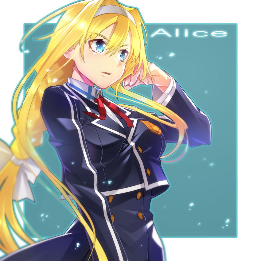 1girl alice_schuberg arm_at_side bangs blonde_hair blue_eyes border bow braid breasts character_name commentary_request cropped_jacket double-breasted floating_hair hair_between_eyes hairband hand_in_hair hand_up highres is_ii long_hair long_skirt long_sleeves neck_ribbon parted_lips red_ribbon ribbon skirt smile solo sword_art_online sword_art_online:_alicization white_border white_bow white_hairband white_nails wing_collar