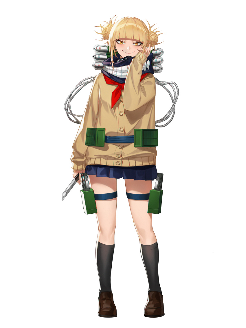 1girl absurdres bangs black_legwear blonde_hair blue_skirt blunt_bangs blush boku_no_hero_academia brown_footwear cardigan commentary_request double_bun full_body hand_on_own_cheek highres himmel_(allsky83) holding holding_weapon kneehighs knife legs_apart loafers long_sleeves looking_at_viewer messy_hair miniskirt neckerchief pleated_skirt school_uniform serafuku shoes short_hair simple_background skirt sleeves_past_wrists smile solo standing tachi-e thigh_strap toga_himiko weapon white_background yellow_eyes