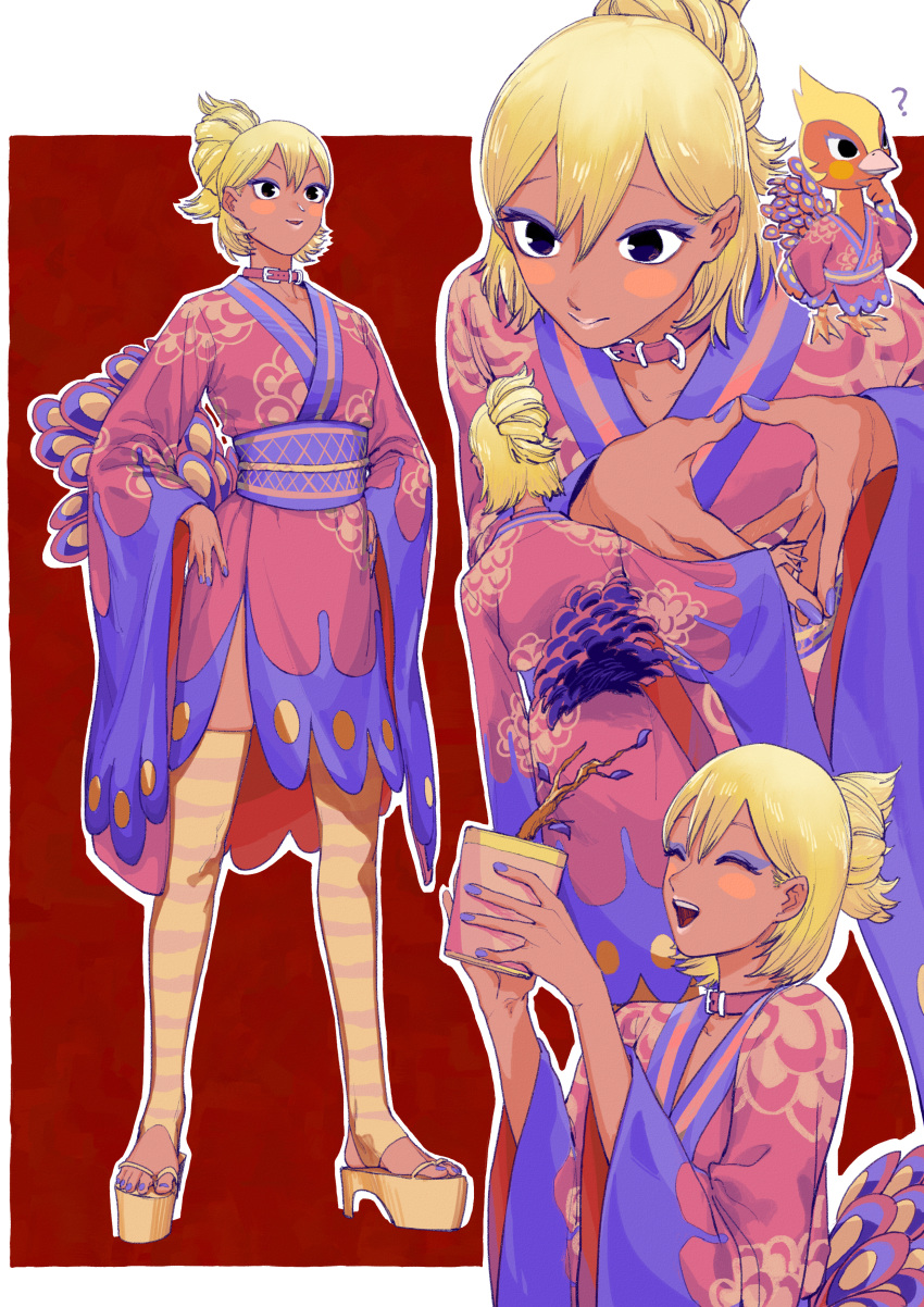 1girl ? absurdres b9_(rrrqqq) bird black_eyes blonde_hair blush choker closed_eyes doubutsu_no_mori eyeshadow gyaru hair_up hands_on_hips highres hinoko_(doubutsu_no_mori) japanese_clothes kimono kogal makeup multiple_views personification pink_choker pink_kimono plant platform_footwear potted_plant purple_nails red_background sandals simple_background standing striped striped_legwear tail tan thigh-highs wide_sleeves