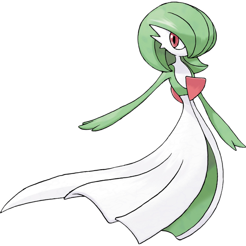 gardevoir green_hair highres looking_at_viewer no_humans official_art outstretched_arms pokemon pokemon_(creature) pokemon_(game) red_eyes spread_arms sugimori_ken sugimori_ken_(style) tachi-e transparent_background
