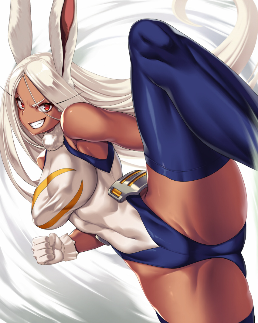 1girl :d animal_ears bangs boku_no_hero_academia breasts bunny_tail clenched_hand covered_navel covered_nipples crescent_print dark_skin fur_collar gloves highleg highleg_leotard highres large_breasts leg_up leotard long_eyelashes long_hair looking_at_viewer mirko open_mouth parted_bangs rabbit_ears rabbit_girl red_eyes smile solo tail takanashi-a taut_leotard teeth thigh-highs thighs toned very_long_hair white_gloves white_hair white_leotard