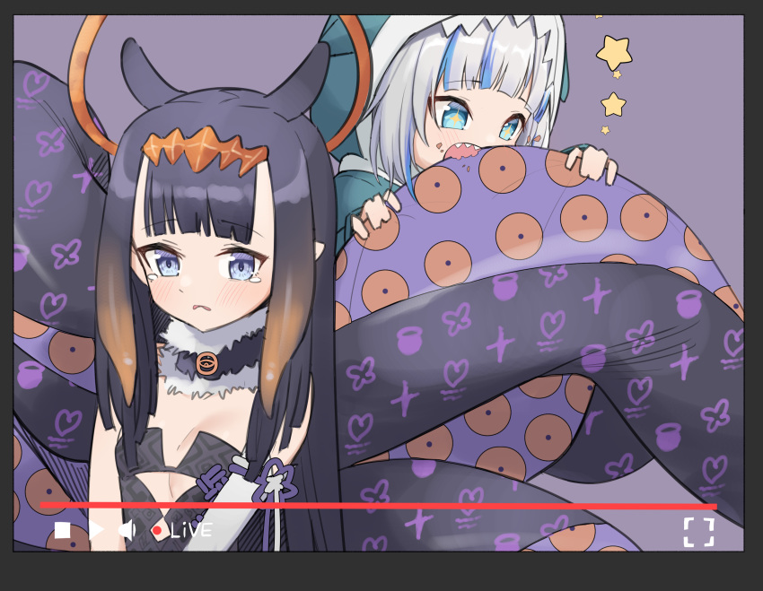 +_+ 2girls absurdres black_hair blue_eyes blue_hair breasts eating english_commentary gawr_gura hair_ornament highres hololive hololive_english livestream long_hair multiple_girls ninomae_ina'nis simple_background small_breasts syhan tears tentacles violet_eyes