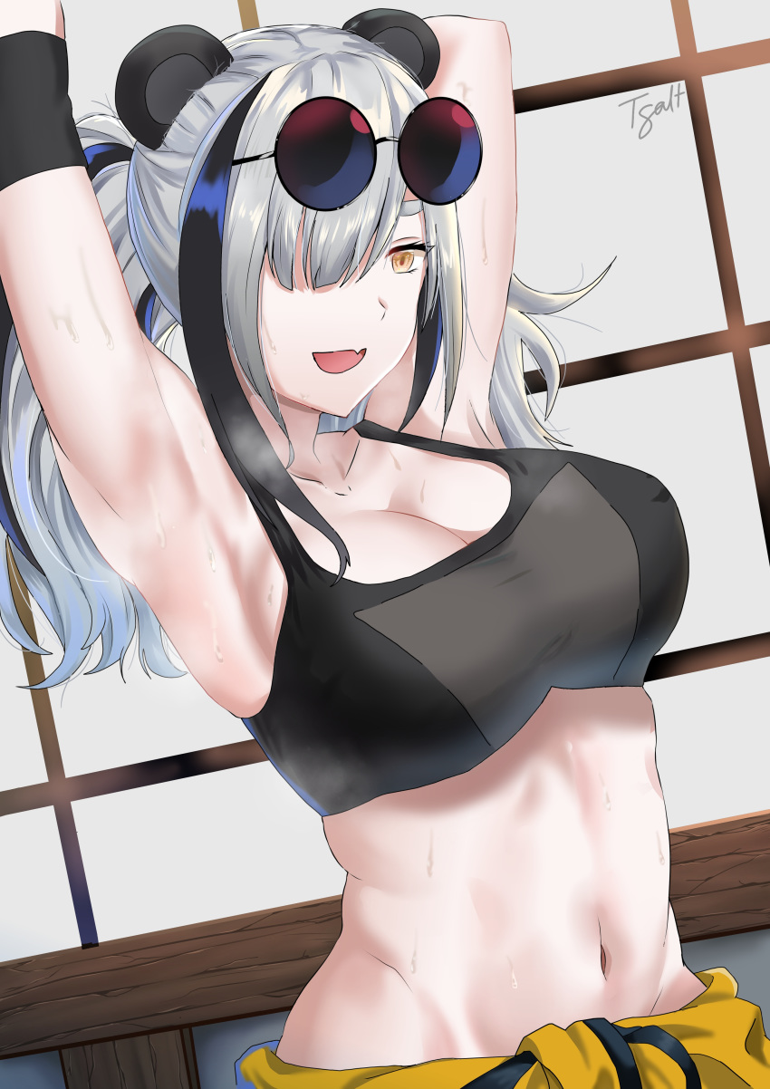 1girl :d absurdres animal_ears arknights armpits arms_up artist_name black_bra black_hair bra breasts clothes_around_waist collarbone commentary eyewear_on_head fang feater_(arknights) hair_over_one_eye highres hip_bones large_breasts looking_down midriff multicolored_hair navel open_mouth round_eyewear smile solo streaked_hair sunglasses tacticsalt underwear white_hair wood yellow_eyes